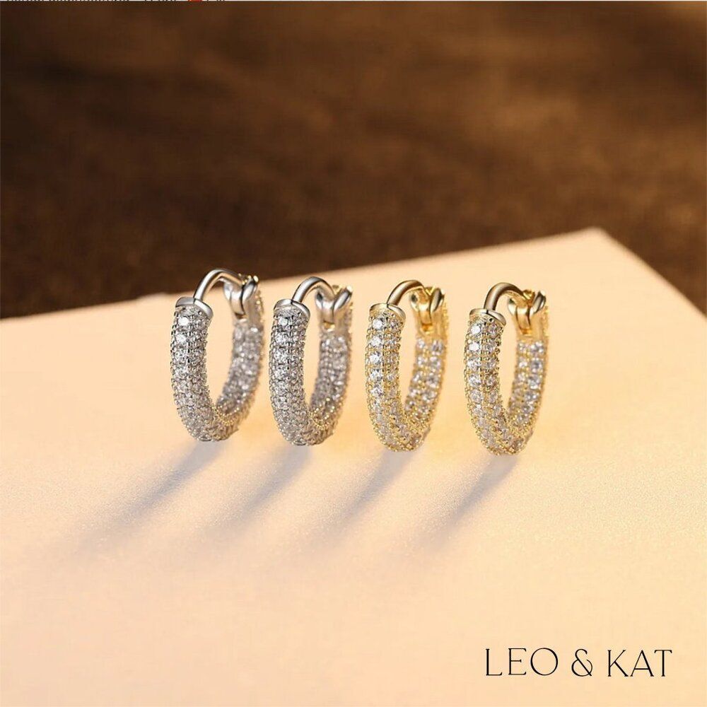 Elegant Pave Huggie Earrings in Gold & Silver. 925 Sterling Silver. #1004 - Picture 3 of 7
